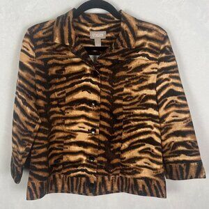 Chicos Tiger Animal Print 3/4‎ Sleeve Jacket Size 1 rockabilly pinup vlv mod